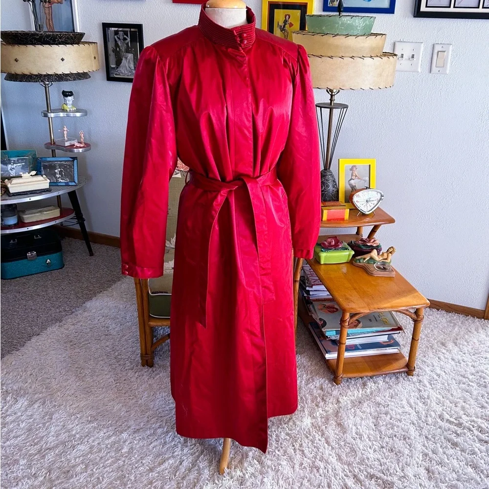 SOLD SOLD Vintage 1940s Style Coat Trench Red Satiny Raincoat Belted L XL - Picture 1 of 9